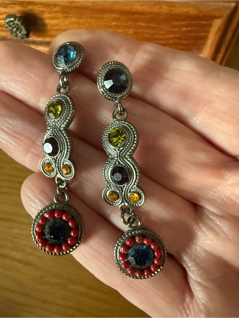 Handmade Silver-Tone Drop Earrings with Blue and Red Stones